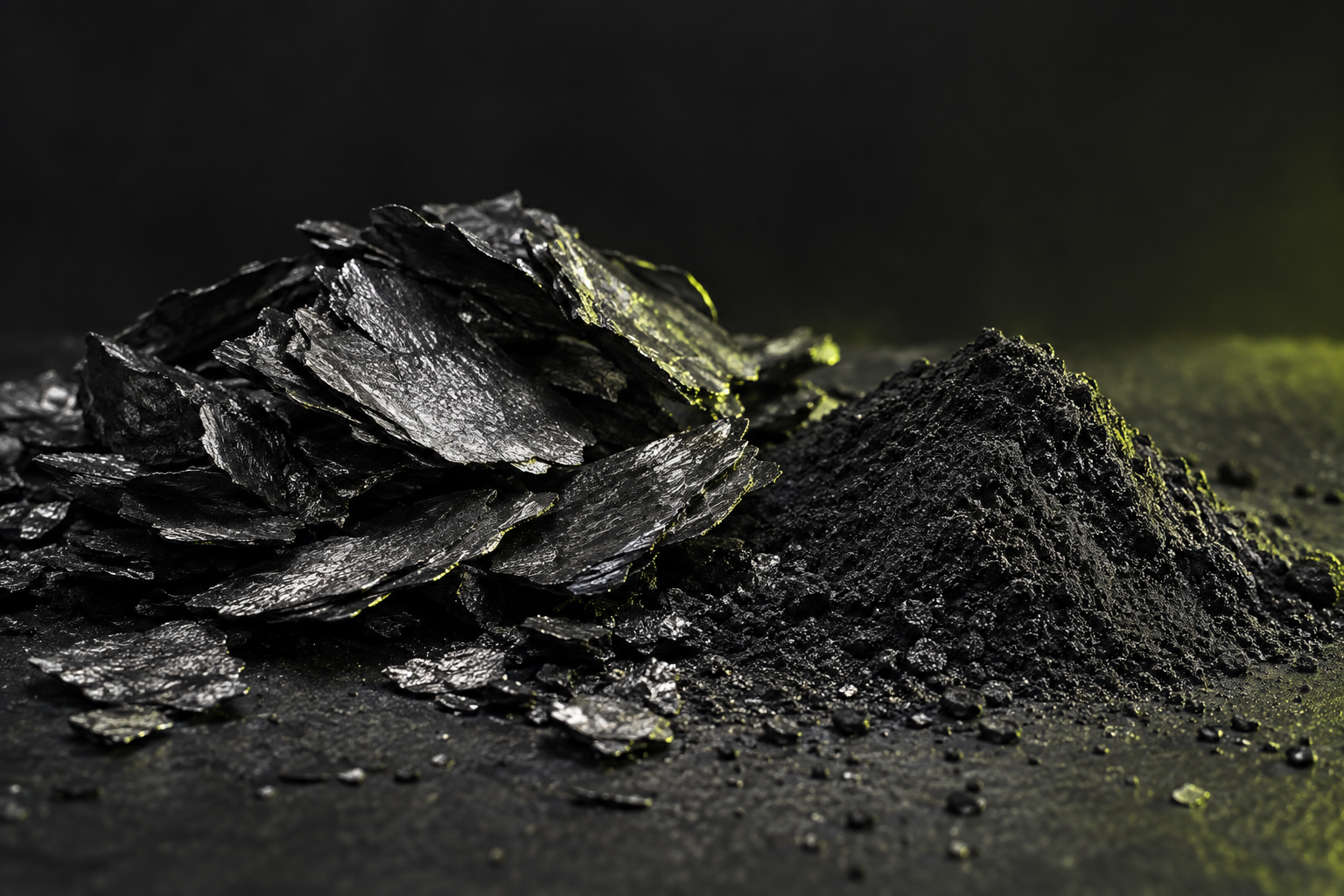Conceptual graphite flakes and powder with lime lighting; illustrative material image